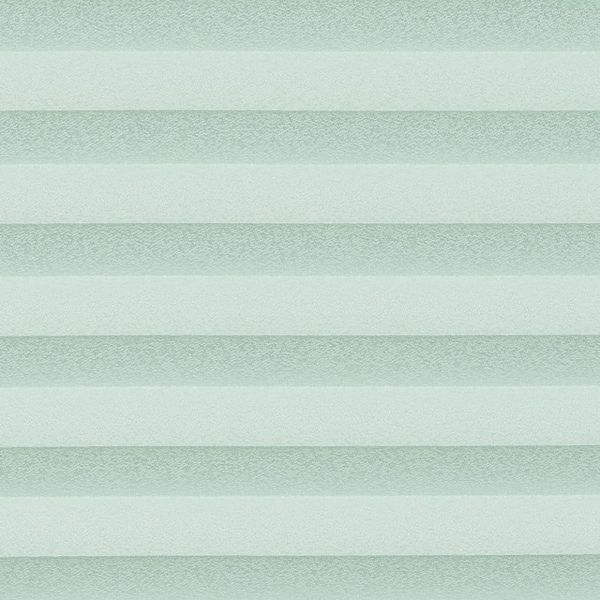 Horizontal cellular shades fill the frame, with alternating opaque and semi-sheer pale mint bands; they filter soft, diffuse light, suggesting a minimally furnished, evenly lit interior.