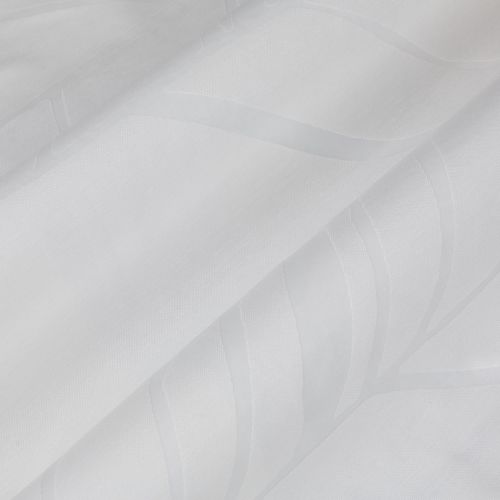 Sheer white curtain panels hung closed, satin-striped with subtle leaf-wave motifs, layered and slightly folded — filtering soft daylight in a bright, minimal interior setting.