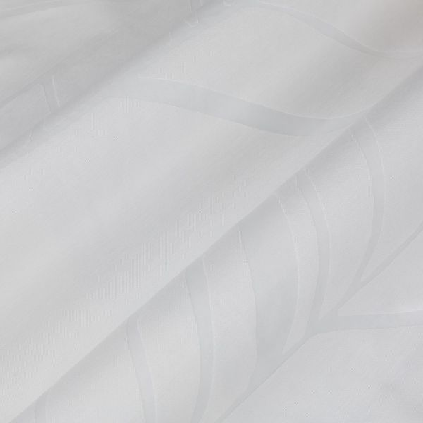 Sheer white curtain panels hung closed, satin-striped with subtle leaf-wave motifs, layered and slightly folded â€” filtering soft daylight in a bright, minimal interior setting.