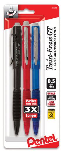 Pentel Twist-Erase GT 1 Click Mechanical Pencil (0.5mm) Assorted Barrels - 3 pack