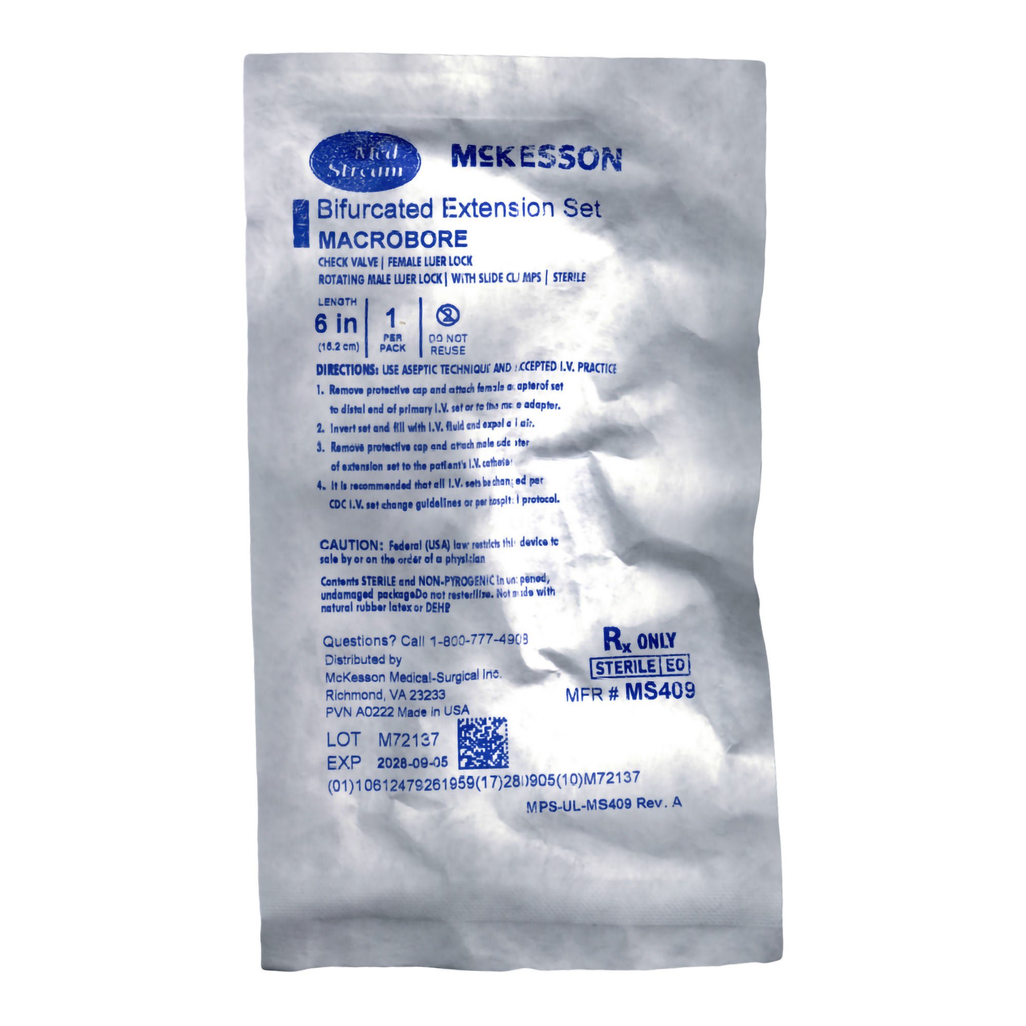 McKesson Brand IV EXTENSION SET, MACRO BORE BIFURC W/CHK VLV 6" (50/CS)