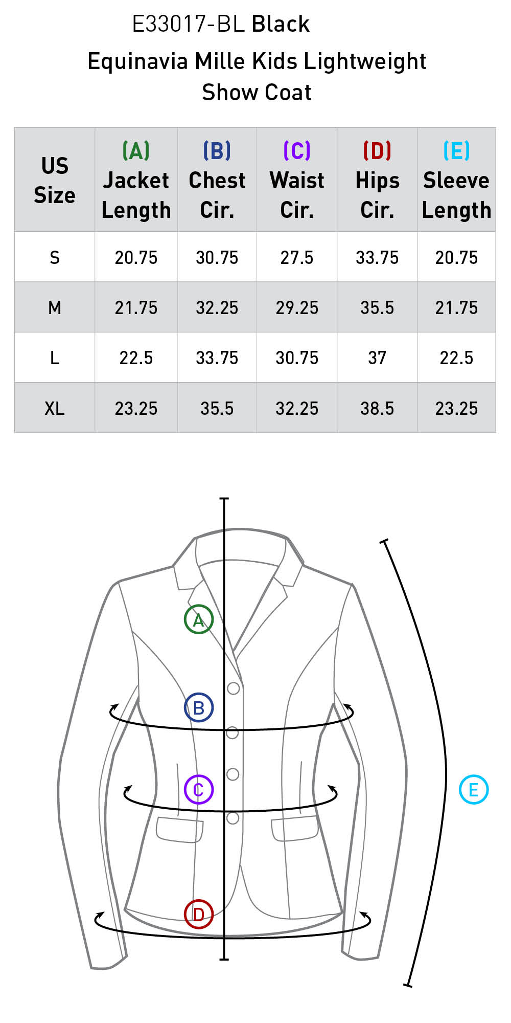 Size chart for Equinavia Mille Kids Lightweight Show Coat - Black