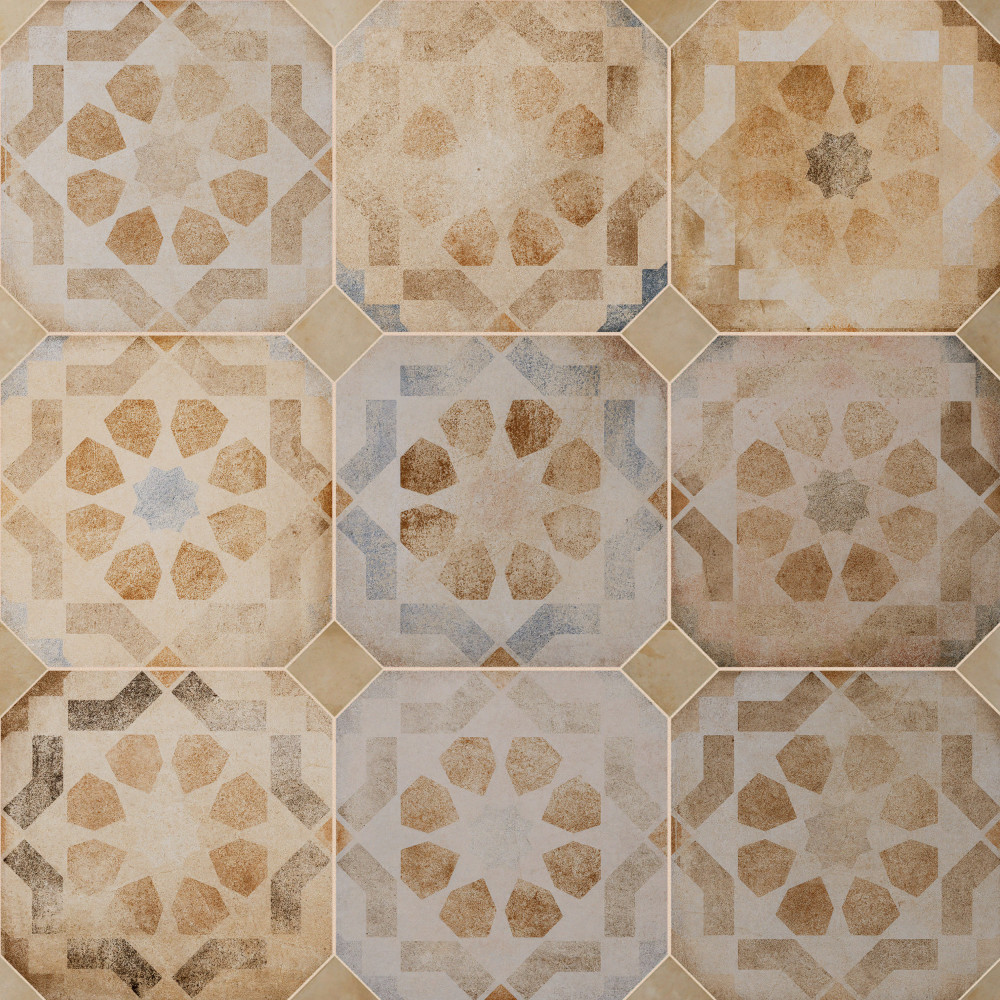Laverton Octagon Deco Multicolor with Taco Beige 7-7/8 in. x 7-7/8 in. Porcelain Floor and Wall Tile