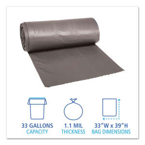 Boardwalk,  LLDPE Liner, 33 gal Capacity, 33 in Wide, 39 in High, 1.1 Mils Thick, Gray