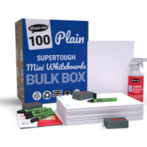 Bulk Box of 100 x Plain/Plain SUPERTOUGH 8" x 12" Whiteboards, with Pens, Erasers, Cleaner
