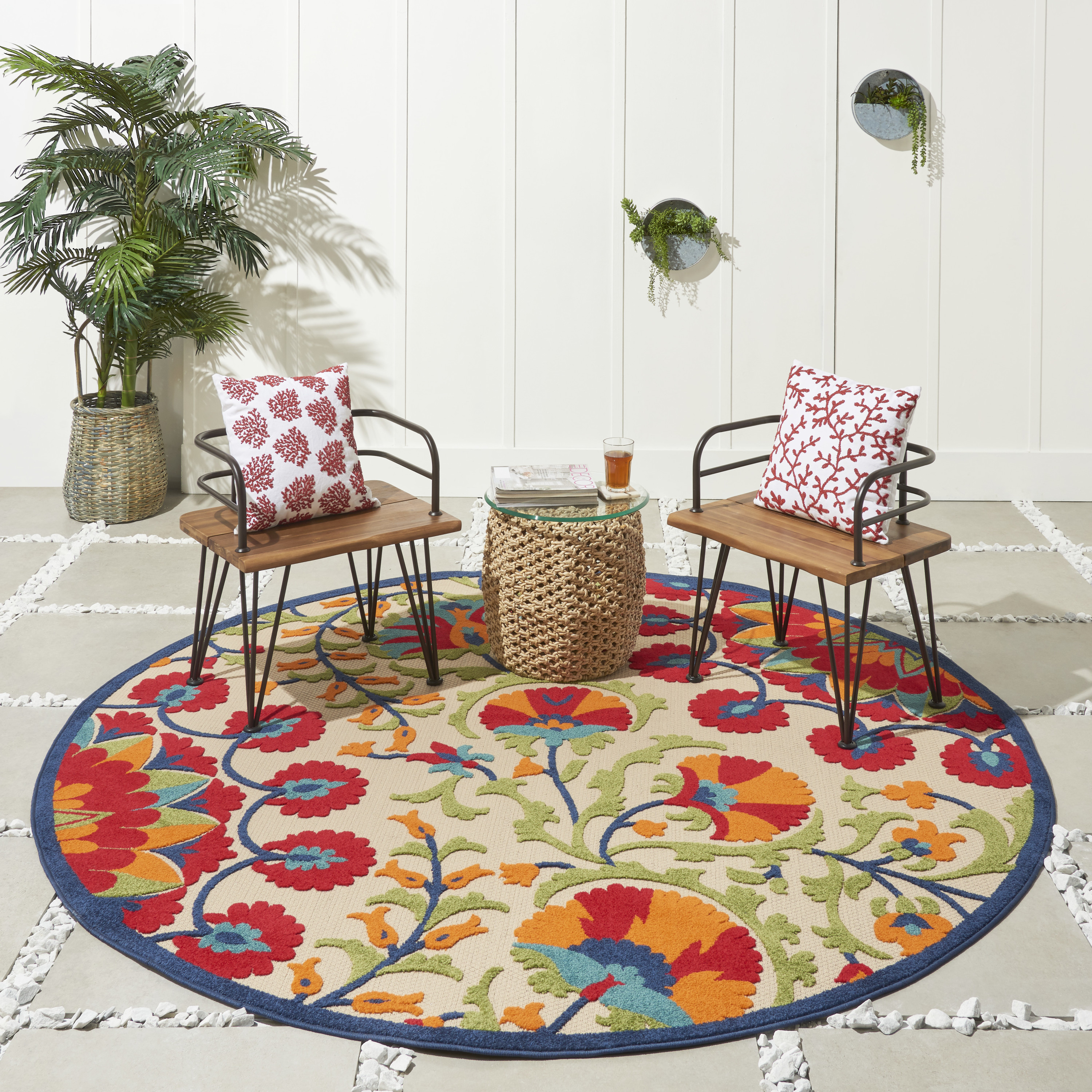 Nourison Aloha 7'10" x Round Red Multicolor Transitional Rug