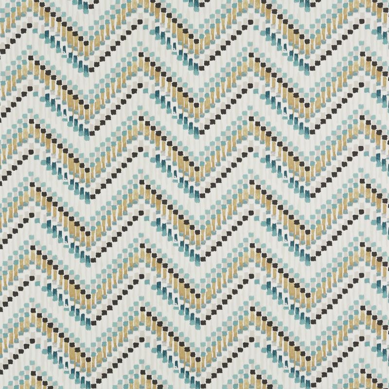 Chevron-patterned wallpaper featuring staggered brushstroke squares in teal, gold, black and gray, repeating across an off-white surface; evenly lit, abstract decorative motif without visible room context.
