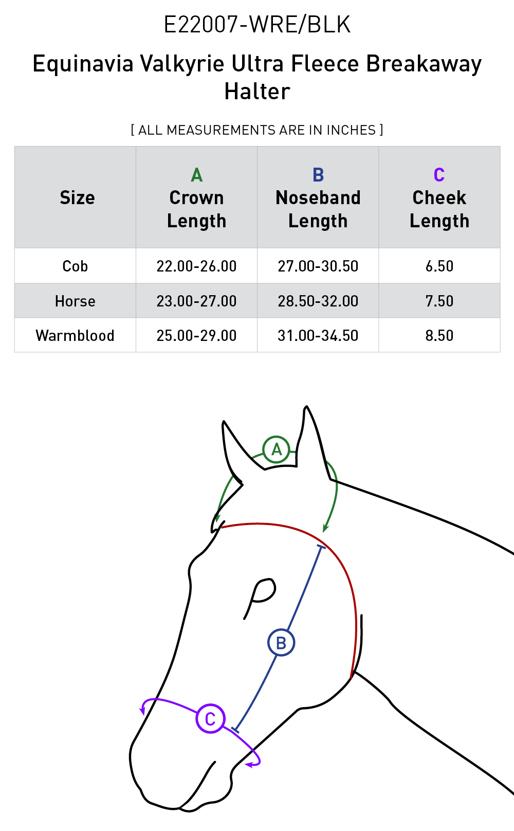 Size chart for Equinavia Valkyrie Ultra Fleece Breakaway Halter - Wine Red/Black