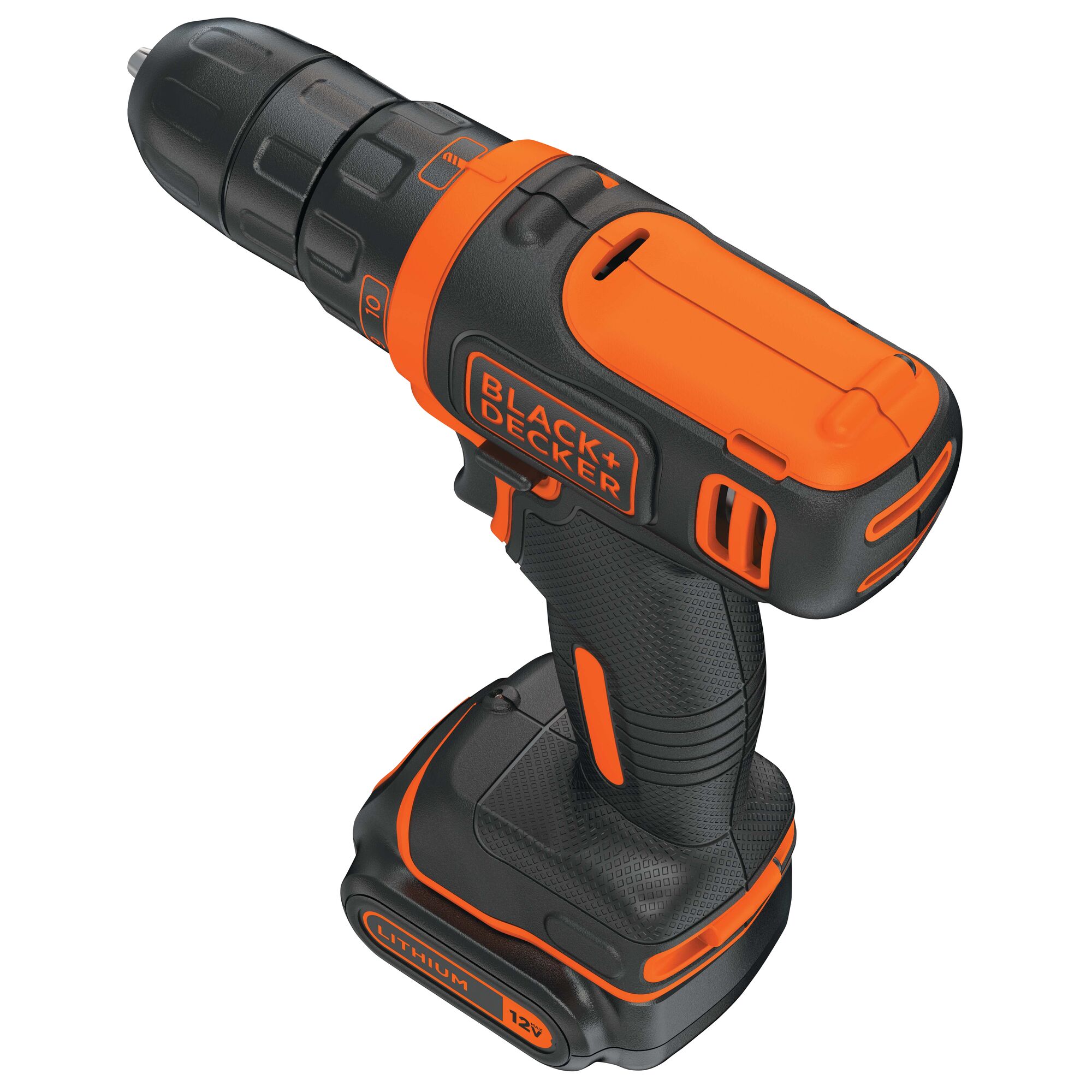 Profile of 12 volt cordless lithium drill or driver.