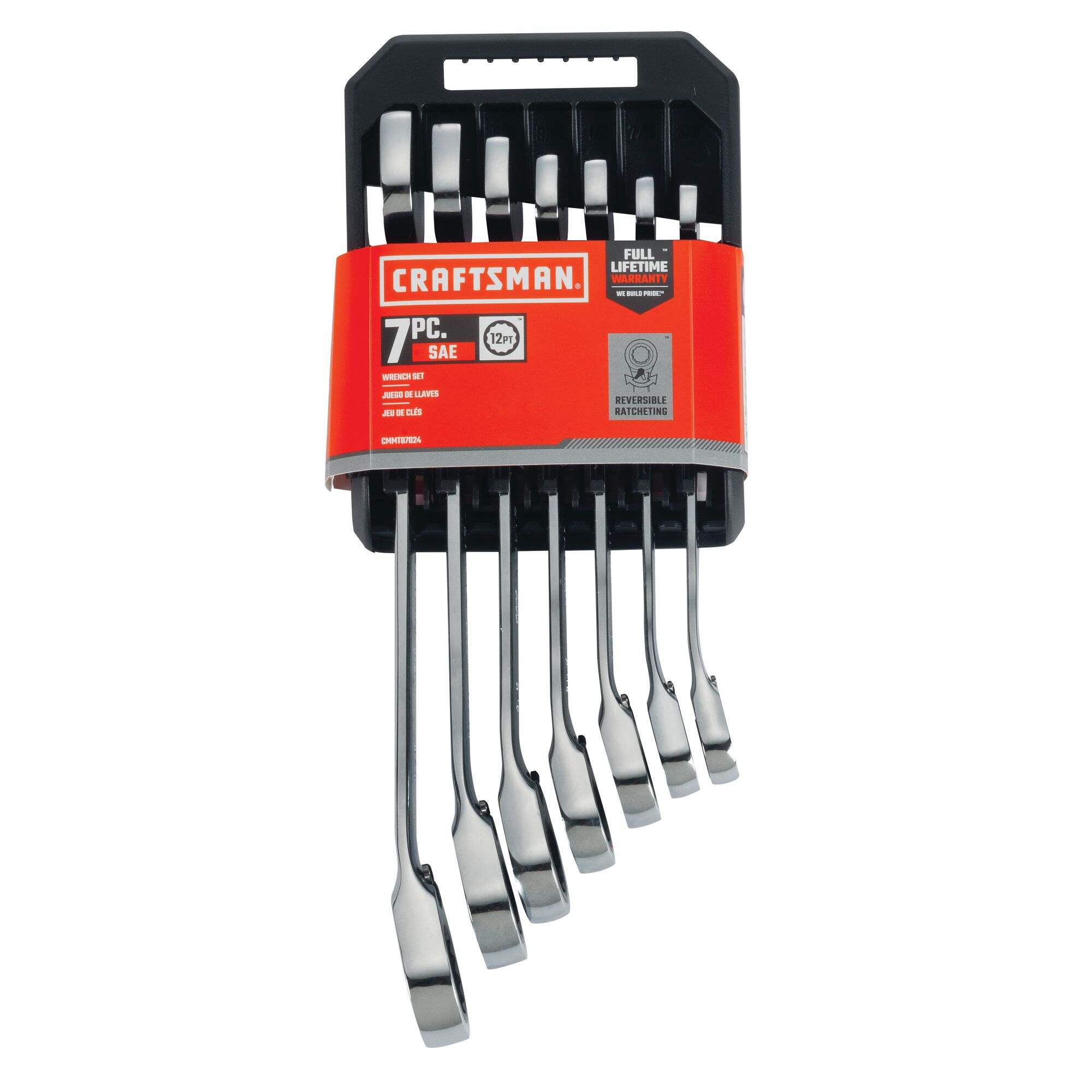 7 piece S A E reversible ratcheting wrench set in packaging.