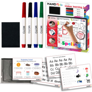 Dry-Erase Learning Board, 4 Markers, 10 Activity Sheets - Spelling Series