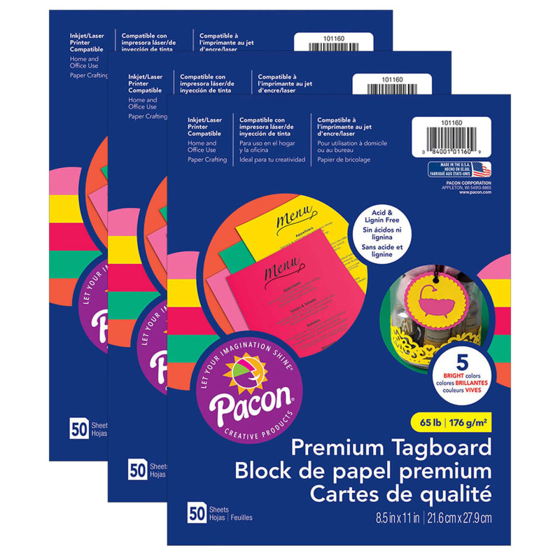 Premium Tagboard, 5 Assorted Bright Colors, 8-1/2" x 11", 50 Sheets Per Pack, 3 Packs