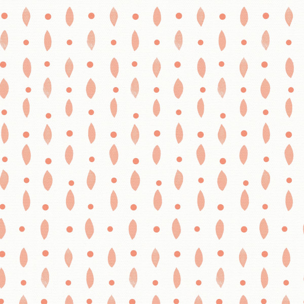Peach-colored elongated leaf shapes and small circular dots repeat in alternating vertical columns, forming a regular polka-dot/leaf pattern on a lightly textured off-white background.