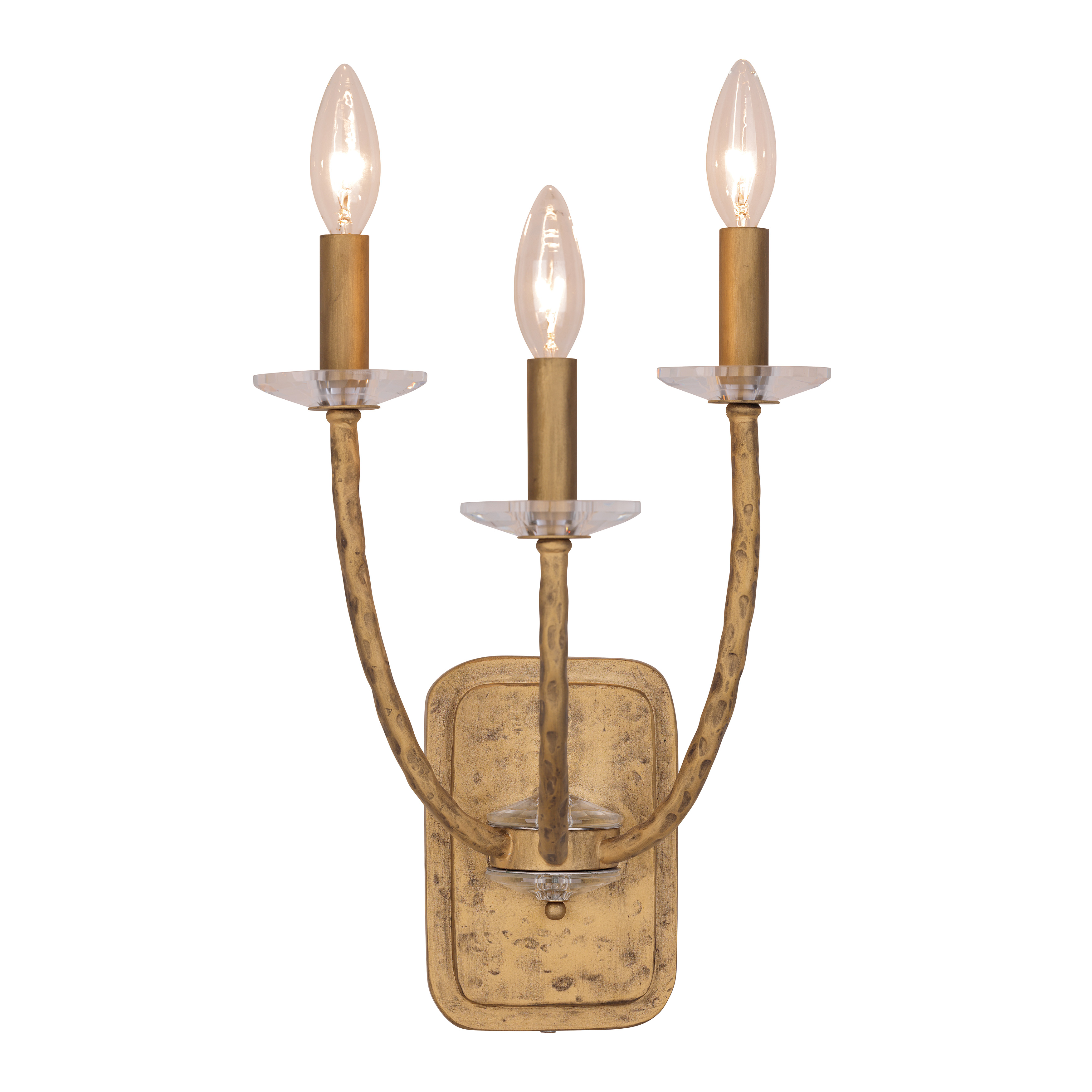The Atella wall sconce combines hammered metalwork in Ashen Gold with faceted crystal bobeches for a refined traditional look. Its compact 10-inch width makes it ideal for bathrooms, hallways, and powder rooms. - alternate view