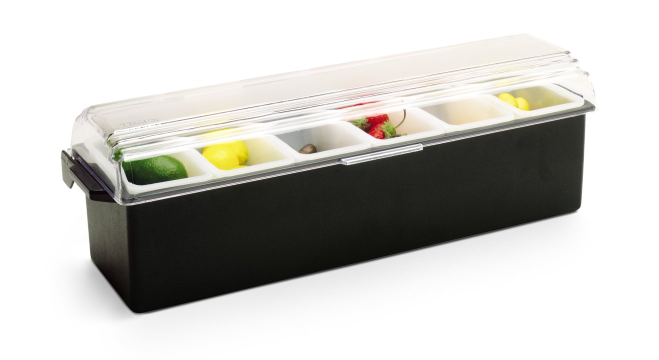 Traex® Kondi-Keeper™ plastic condiment dispenser in black with six 1-pint inserts