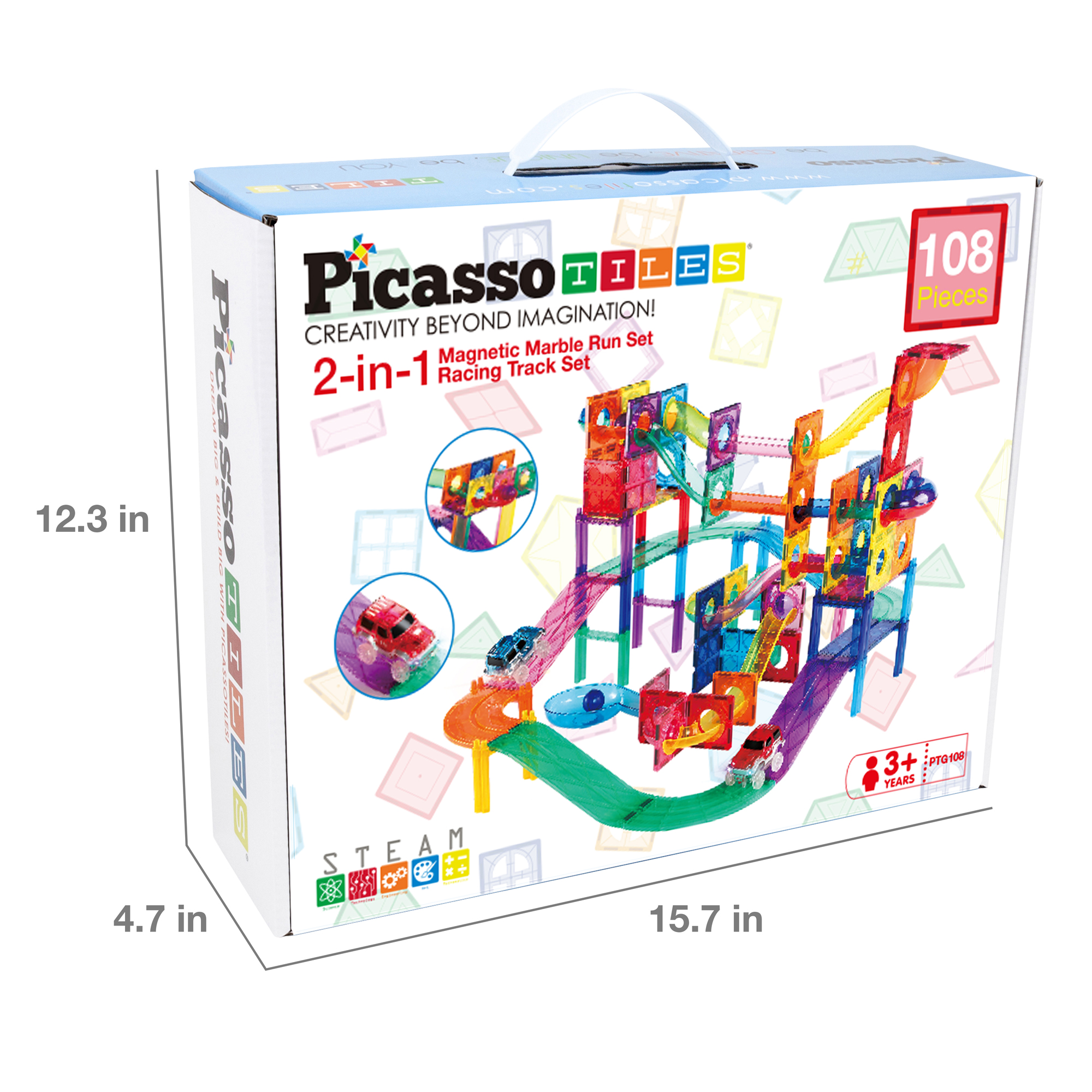 PicassoTiles 2-in-1 Magnetic Marble Run Set & Racing Track Set, 108 Pieces image number null