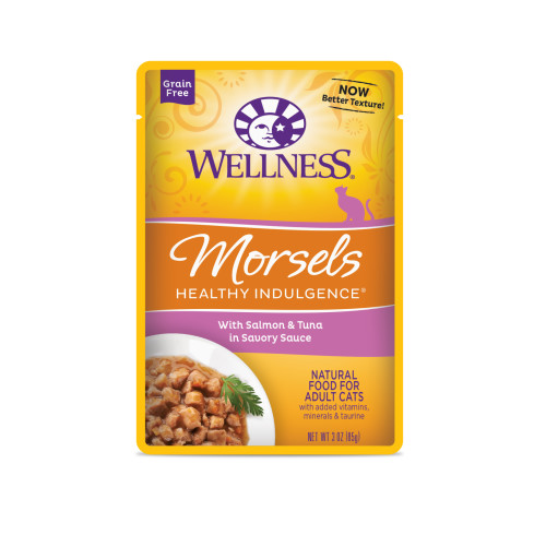 Wellness Complete Health Healthy Indulgence Morsels with Salmon & Tuna in Savory Sauce Front packaging
