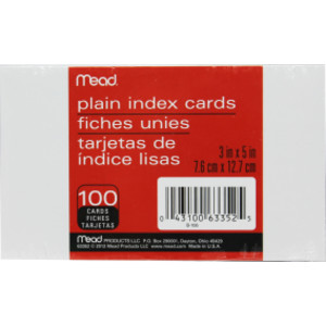 Plain Index Cards, White, 3" x 5",, Pack of 100