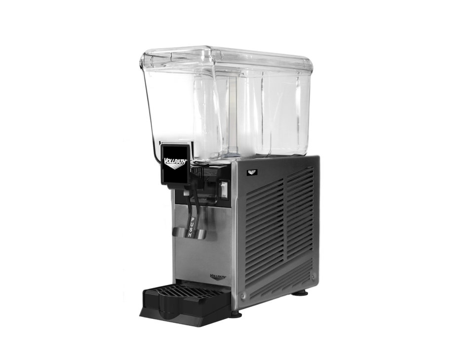 Refrigerated beverage dispenser with one 3.17-gallon bowl and fountain spray circulation
