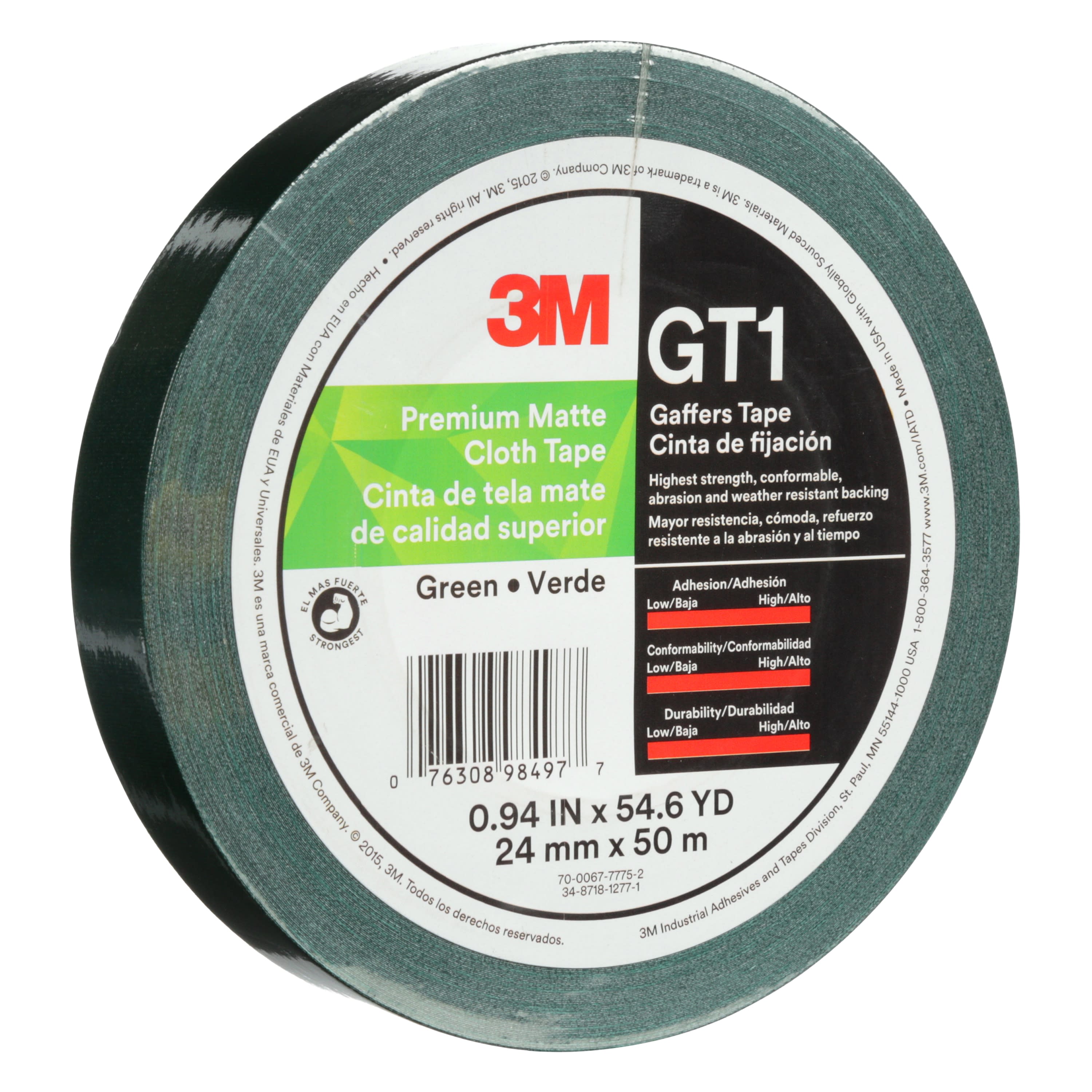 3M™ Premium Matte Cloth (Gaffers) Tape GT1, Green, 24 mm x 50 m, 11 mil,
48 per case