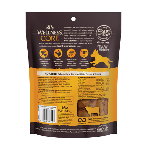Wellness CORE Brainiac Puppy Treats Beef & Turkey back packaging