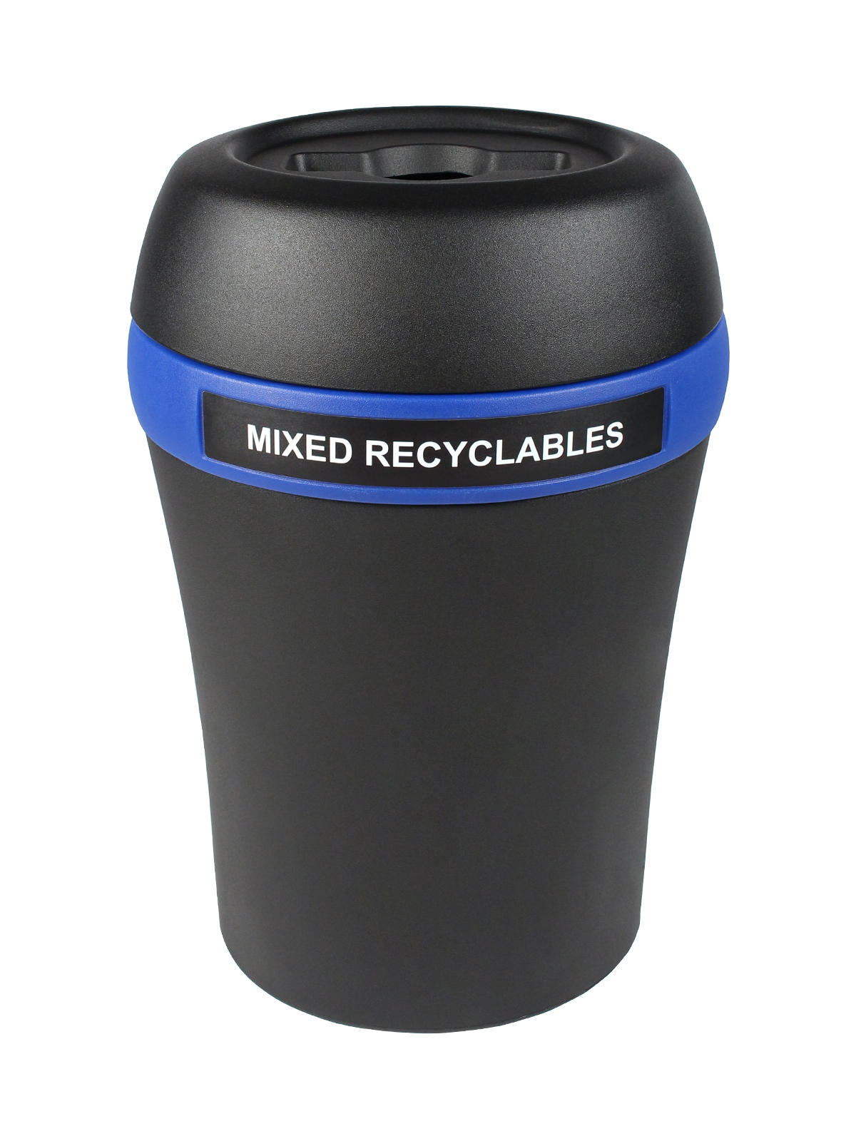 Busch Systems Infinite container in black with blue band labeled for mixed recyclables and mixed recyclables lid