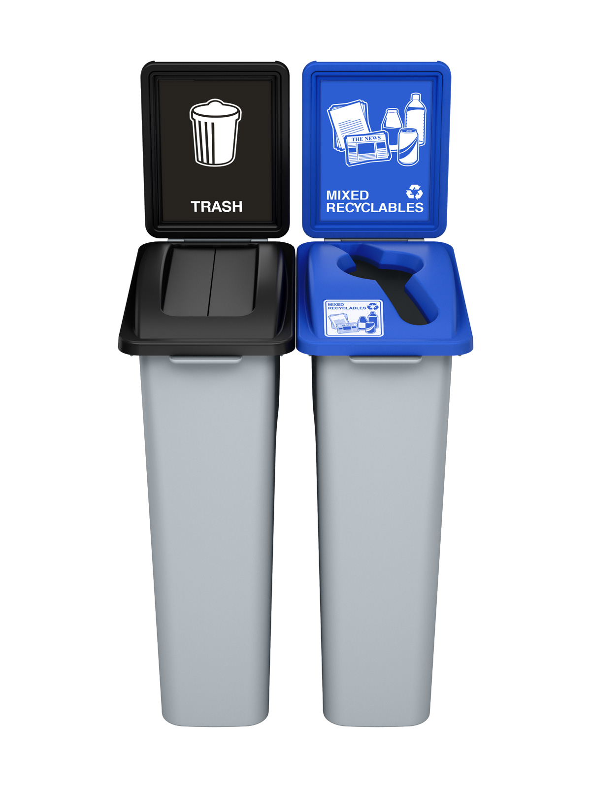 WASTE WATCHER – Double – Kit – Trash-Mixed Recyclables – Swing-Mixed – Grey-Black-Blue