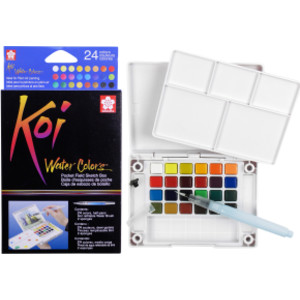 Koi Water Colors Field Sketch Box with Brush, 24 Colors