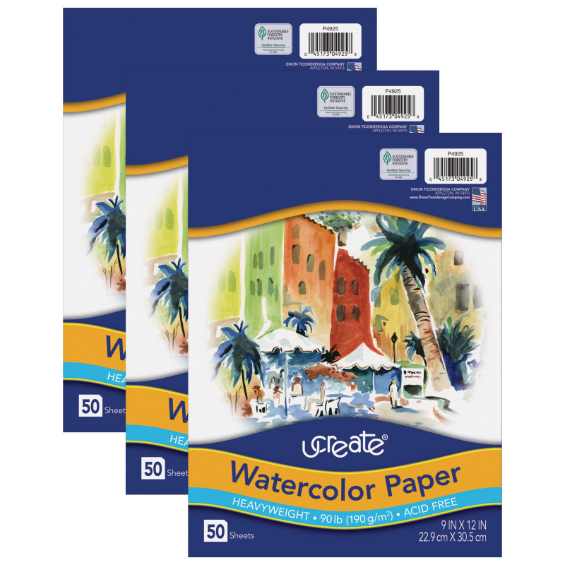 Watercolor Paper, White, 90lb., 9" x 12", 50 Sheets Per Pack, 3 Packs