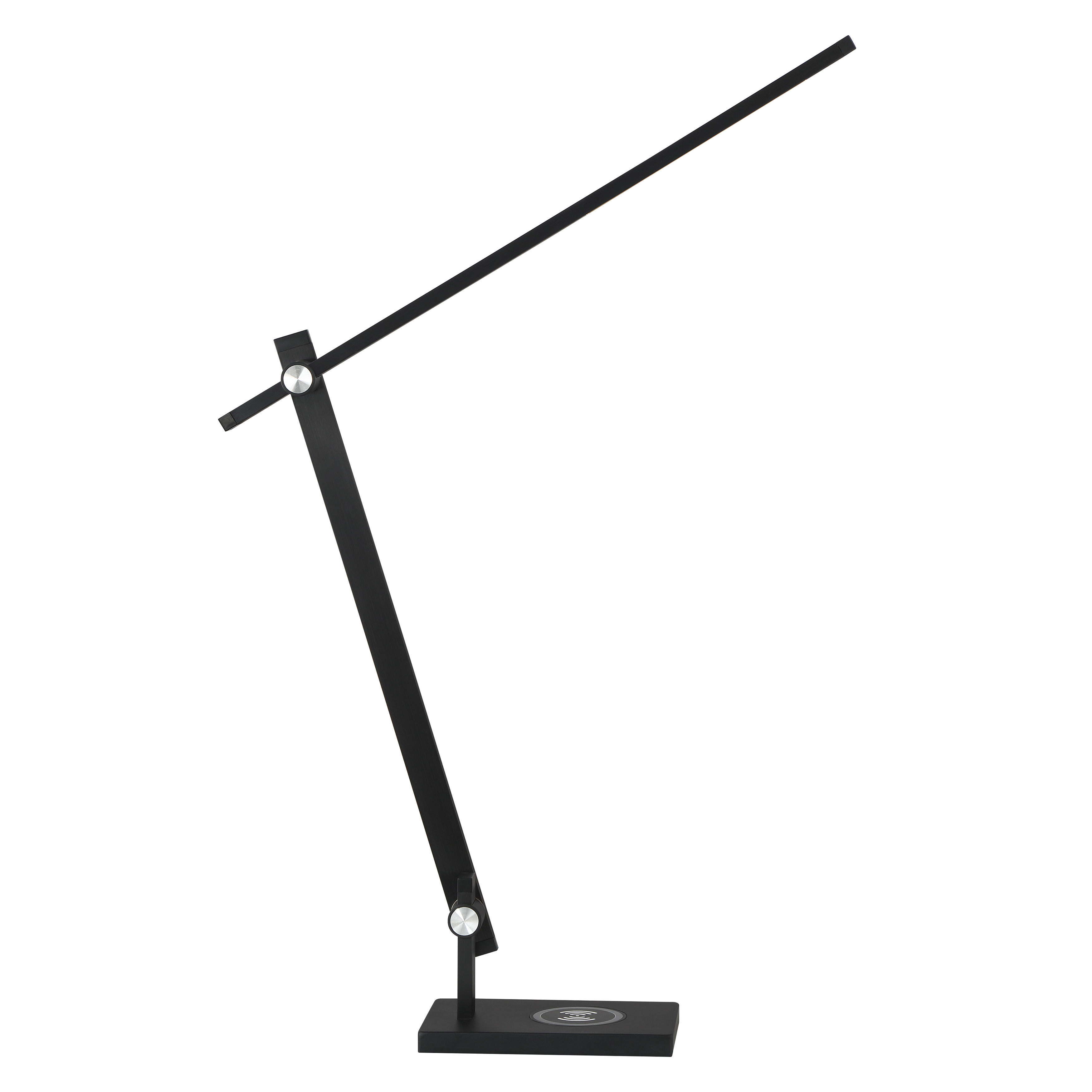 This contemporary LED table lamp combines functional task lighting with modern convenience. The anodized brushed coal black finish and slim aluminum design complement any workspace or bedroom, while the integrated wireless charger and 3-way touch dimmer add practical versatility. - alternate view