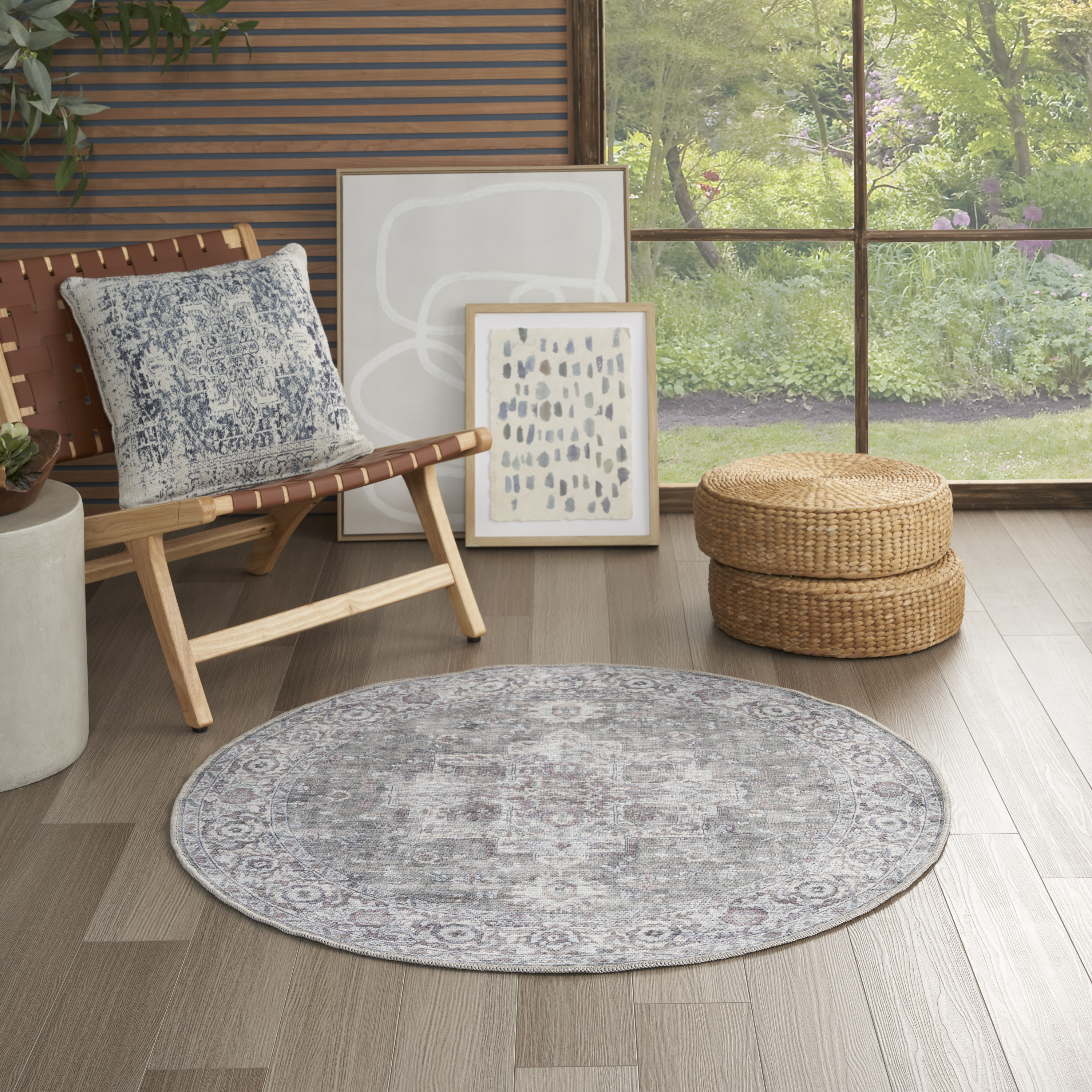 Nourison New Concept Washables 4' x Round Ivory Grey Vintage Indoor Rug