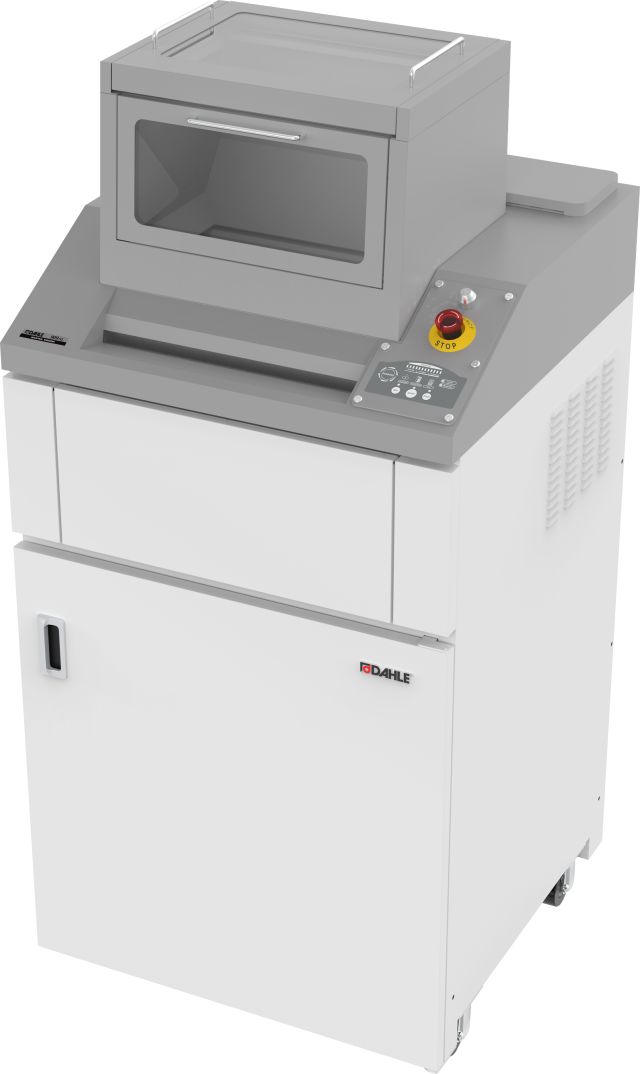 The Dahle PowerTEC® 909 HS- Hopper Shredder destroys large quantities of sensitive documents and optical media.