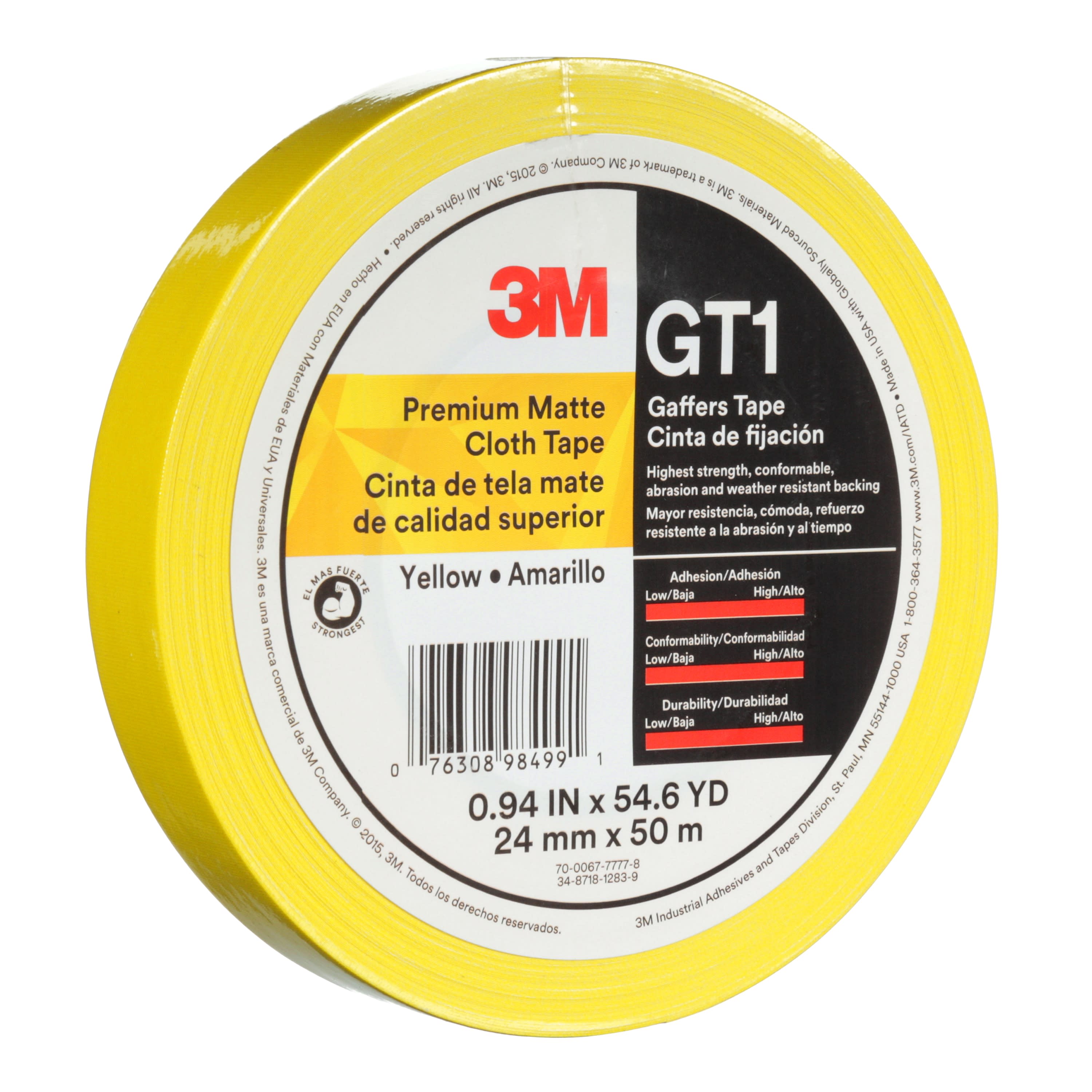 3M™ Premium Matte Cloth (Gaffers) Tape GT1, Yellow, 24 mm x 50 m, 11
mil, 48 per case