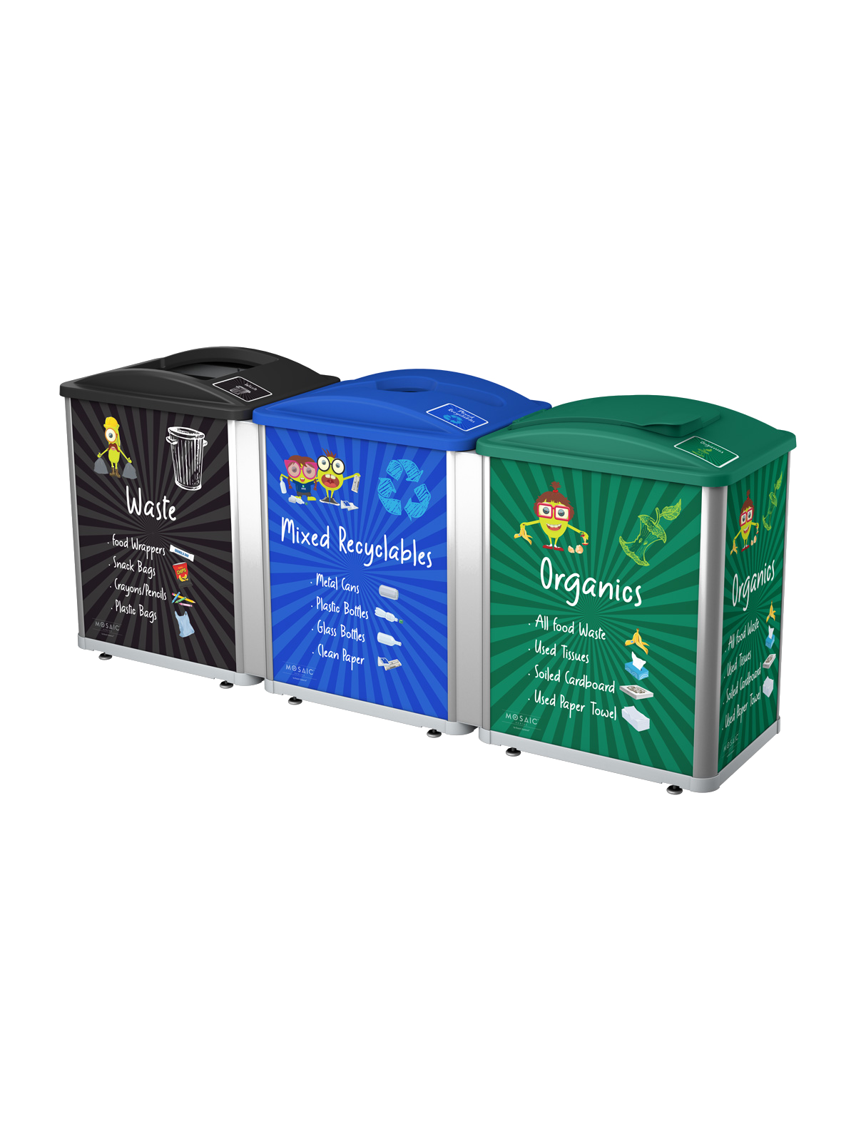 MOSAIC – Triple – Junior – Waste-Mixed Recyclables-Organics – Full-Mixed-Solid Lift – Silver-Black-Blue-Green