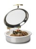 6-quart Intrigue® round stainless steel induction chafer with brass trim and porcelain food pan