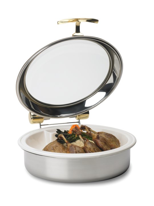 6-quart Intrigue® round stainless steel induction chafer with brass trim and porcelain food pan
