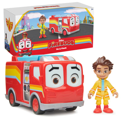 Disney Junior Firebuds, Bo et Flash, figurine articulée et véhicule camion de pompier avec mouvement des yeux interactif, jouets pour filles et garçons à partir de 3 ans.