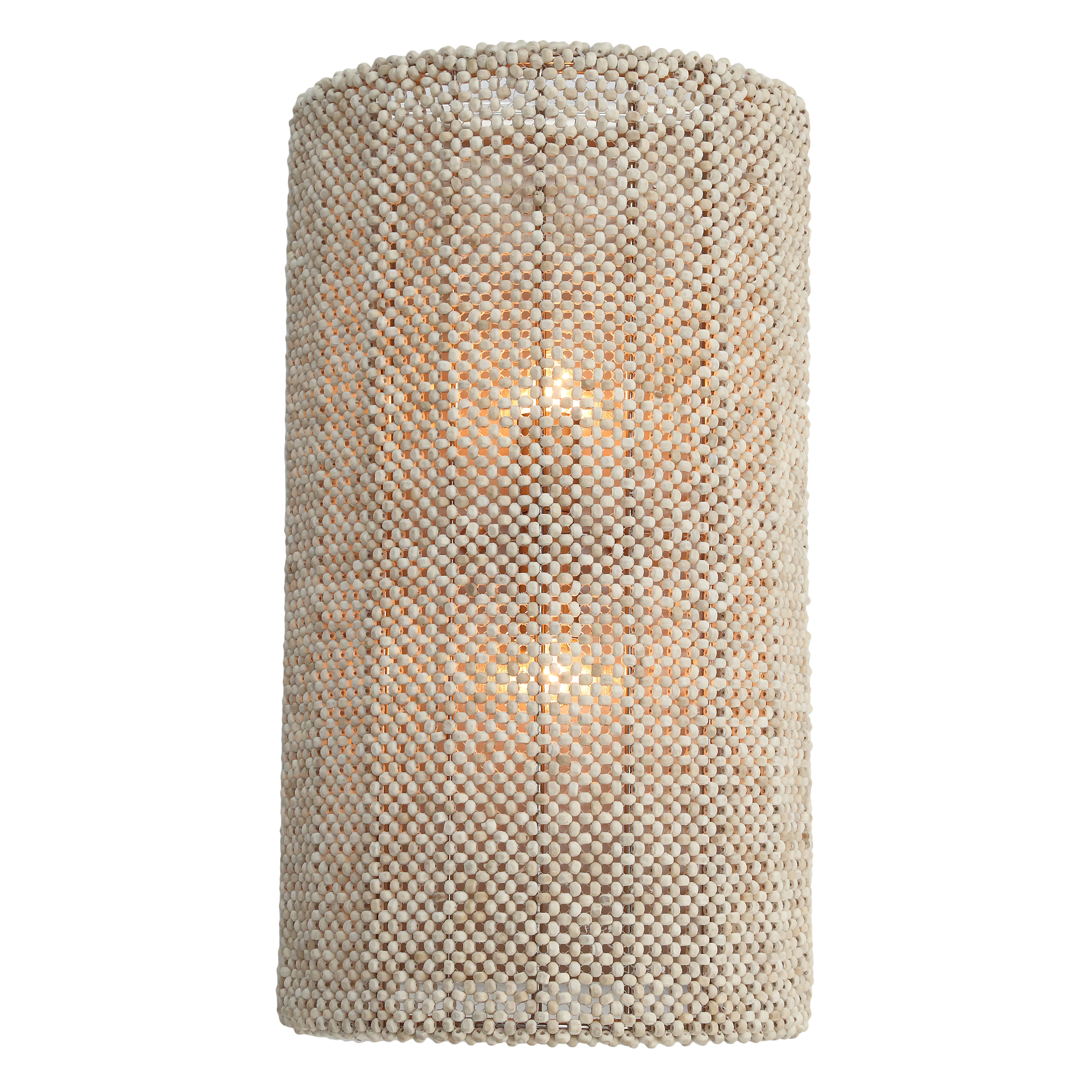 The Copra wall sconce brings organic coastal charm with its hand-woven coco bead shade and brushed nickel finish. Perfect for creating a relaxed, textured look in bathrooms, bedrooms, or hallways with its warm, filtered light. - alternate view