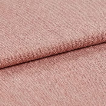 Pink woven upholstery fabric, tightly woven with visible grain and a folded edge, lying stacked; fabric displays subtle sheen and fine texture in a soft, evenly lit studio close-up.