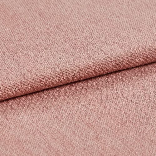 Pink woven upholstery fabric, tightly woven with visible grain and a folded edge, lying stacked; fabric displays subtle sheen and fine texture in a soft, evenly lit studio close-up.