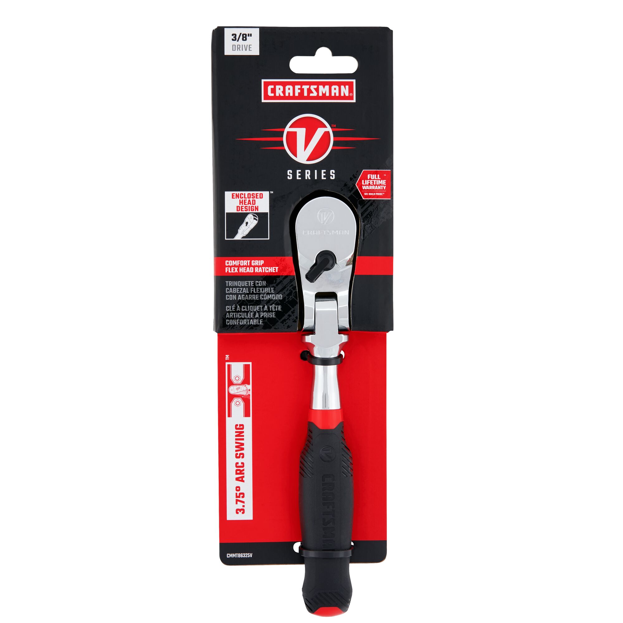 V series three eighth inch drive comfort grip flex head ratchet in packaging.
