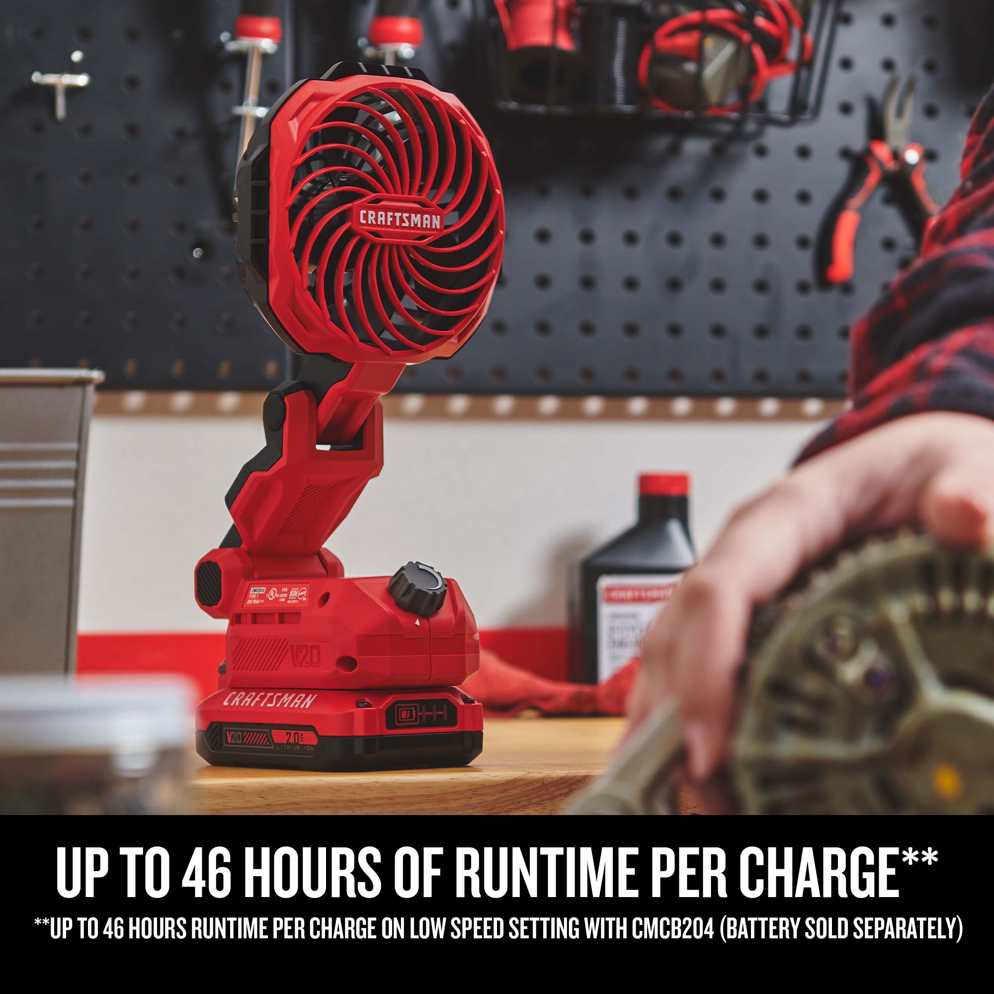 CRAFTSMAN(R) V20 Compact Personal Fan sitting on a work bench, highlighting up to 46 hours of runtime per charge