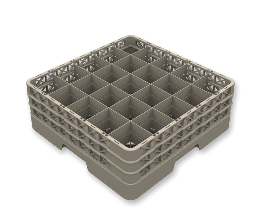 Casier Monté Ouvert Flap Rack en polypropylène de 25 compartiments de couleur beige avec quatre extenseurs