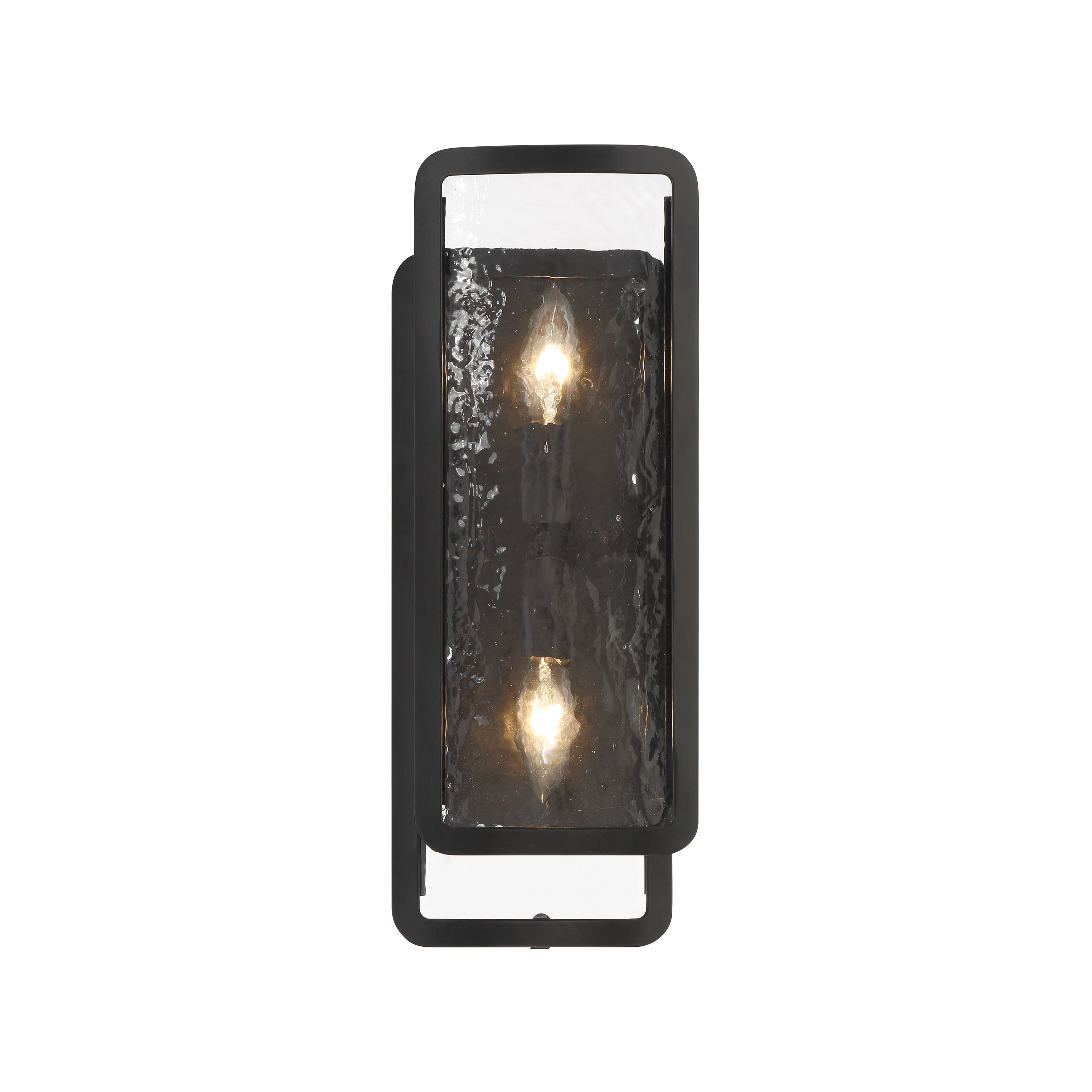The Bella Collina wall sconce combines contemporary styling with artisanal glass craftsmanship. Its coal black finish and rock-pressed glass create dramatic visual interest while providing functional illumination for intimate spaces. - alternate view