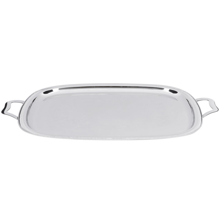 23 ½-inch Elegant Reflections oblong stainless steel serving tray with handles