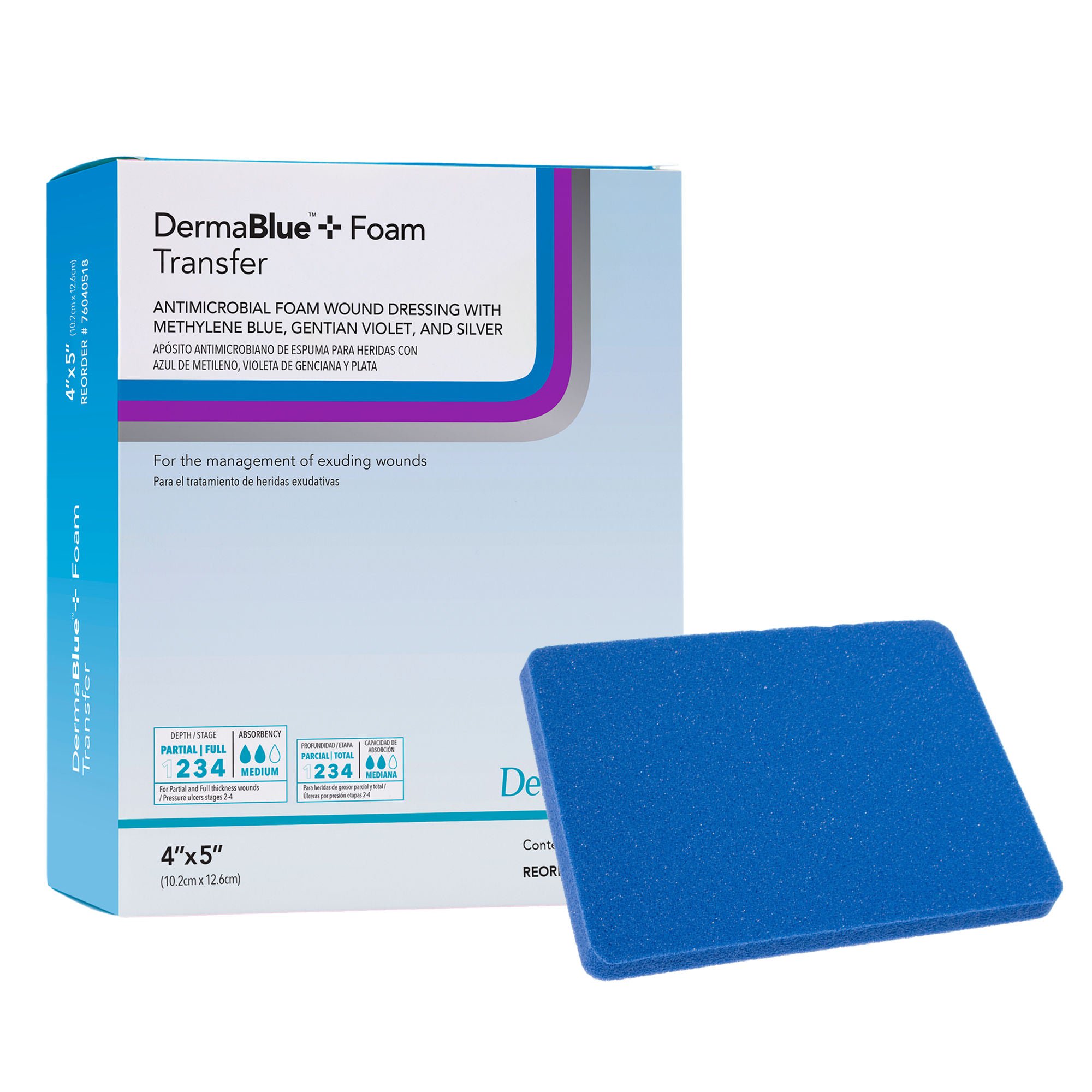 DermaBlue+™ Foam Silver Foam Dressing, 4 x 5 Inch