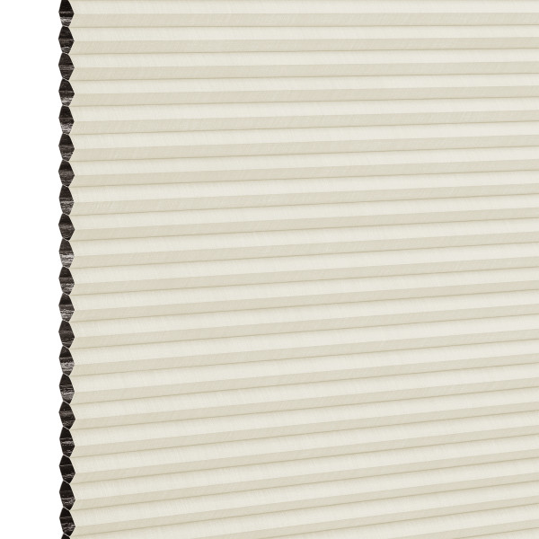 Cream cellular (honeycomb) blind with dark-lined cells visible on the left; closed into uniform horizontal pleats, filtering soft diffuse indoor light against a neutral background.