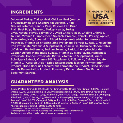 <p>Deboned Turkey, Turkey Meal, Chicken Meal (source of Glucosamine and Chondroitin Sulfate), Dried Ground Potatoes, Lentils, Peas, Chicken Fat, Dried Plain Beet Pulp, Flaxseed, Turkey Hearts, Turkey Liver, Natural Flavor, Salmon Oil, Dried Chicory Root, Choline Chloride, Taurine, Vitamin E Supplement, Spinach, Broccoli, Carrots, Parsley, Apples, Blueberries, Kale, Spearmint, Mixed Tocopherols added to preserve freshness, Vitamin B3 (Niacin), Zinc Proteinate, Ferrous Sulfate, Zinc Sulfate, Iron Proteinate, Vitamin A Supplement, Vitamin B1 (Thiamine Mononitrate), d-Calcium Pantothenate, Sodium Selenite, Pyridoxine Hydrochloride, Copper Sulfate, Manganese Sulfate, Vitamin B2 (Riboflavin), Manganese Proteinate, Copper Proteinate, Biotin, Vitamin D3 Supplement, Yucca Schidigera Extract, Vitamin B12 Supplement, Folic Acid, Calcium Iodate, Vitamin C (Ascorbic Acid), Dried Enterococcus faecium Fermentation Product, Dried Bacillus licheniformis Fermentation Product, Dried Bacillus subtilis Fermentation Product, Rosemary Extract, Green Tea Extract, Spearmint Extract.<br />
This is a naturally preserved product<br />
Manufactured in a facility that also processes grains</p>
