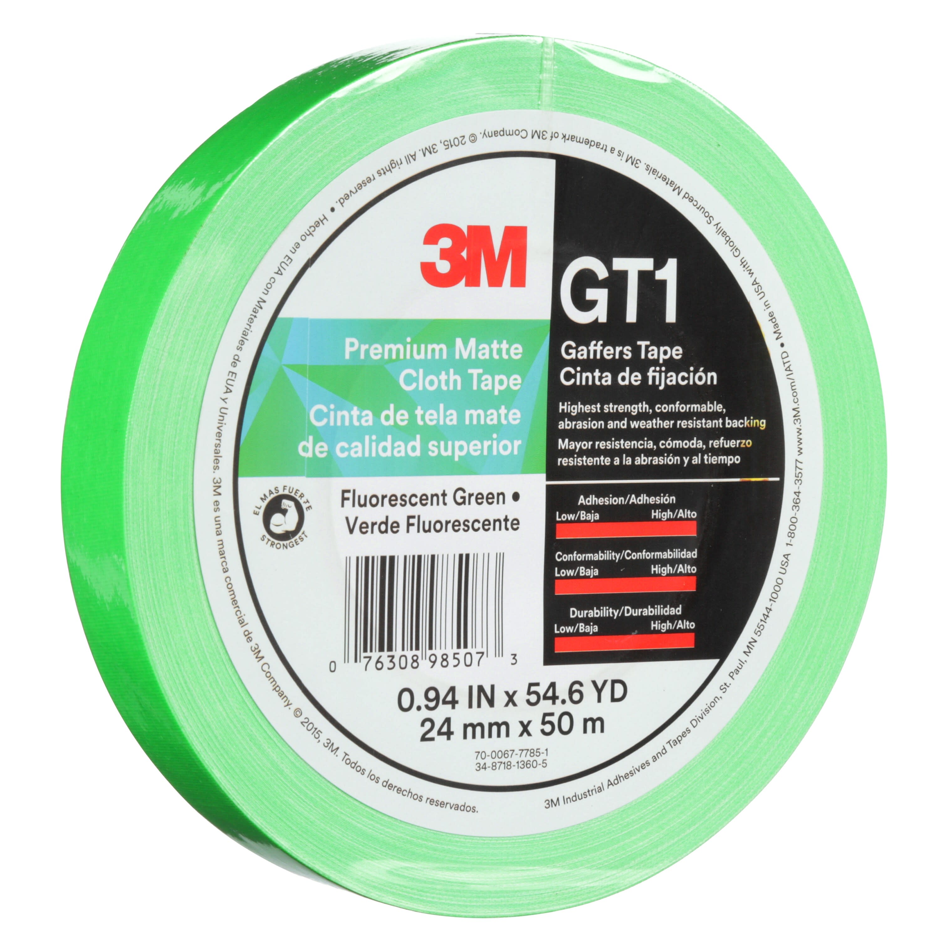 3M™ Premium Matte Cloth (Gaffers) Tape GT1, Fluorescent Green, 24 mm x
50 m, 11 mil, 48 per case