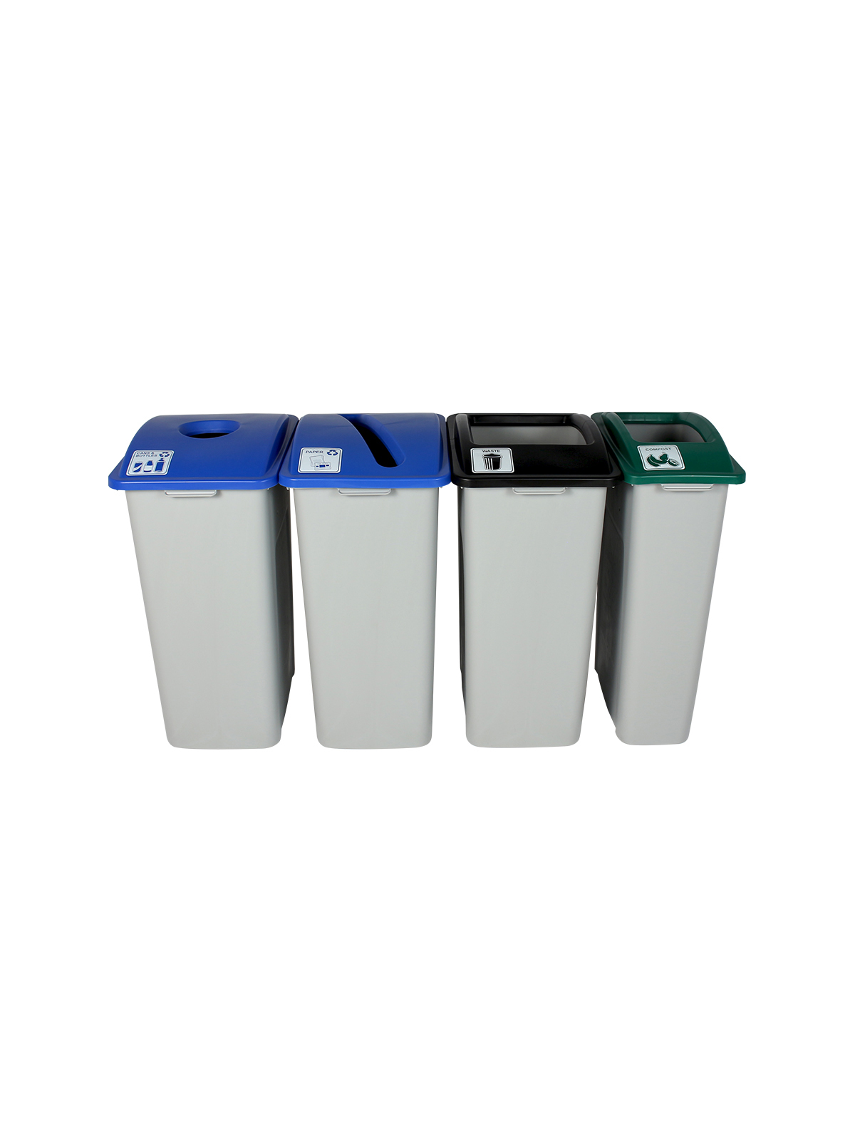 WASTE WATCHER – Quad – Kit – Xl – Cans & Bottles-Paper-Compost-Waste – Circle-Slot-Full – Grey-Blue-Blue-Green-Black